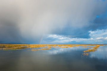 Winterse wolkenluchten spiegeling met regenboog van Jan Georg Meijer