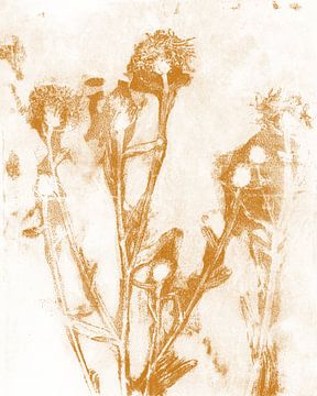 Bloemen in okergeel op wit. Botanische monoprint van Dina Dankers