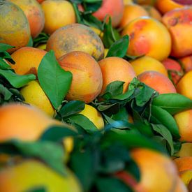 Stapel orangefarbener Früchte auf dem Markt orange und grün von 7.2 Photography