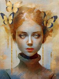 Modern portret van een Ginger vrouw met vlinders op haar hoofd, serie Vrouwen Goud