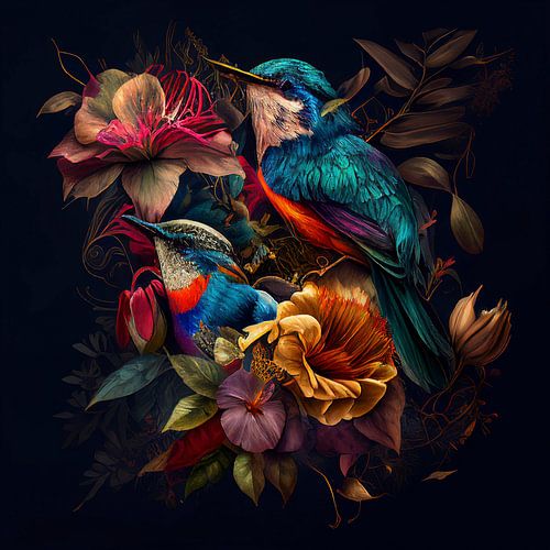 Birds with flowers on dark background