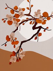 Japandi Art: Japanischer Zweig mit Blüten in warmen Erdtönen