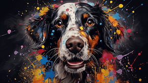 Gemälde eines Hundegesichts mit bunten Farbspritzern