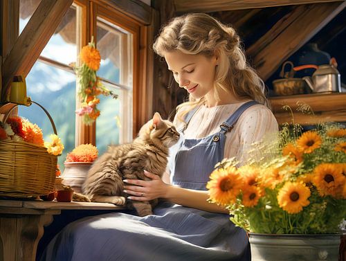 Jonge vrouw met kat bij een zonnig raam