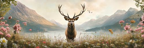 Hirsch in einem romantischen Feld, umgeben von rosa Blumen von Digitale Schilderijen
