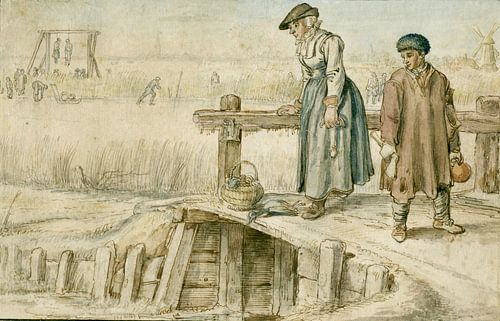 rouw en jongen op een brug bij het ijs, Hendrick Avercamp, 1595 - 1634