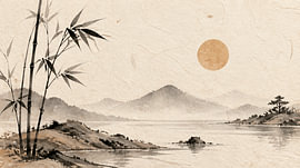 Friedlicher Bambus bei Sonnenuntergang in einer beruhigenden Japandi-Landschaft