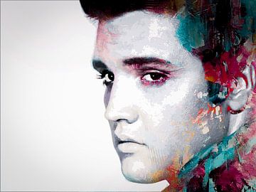 Portrait abstrait moderne d'Elvis Presley en bleu, rouge, orange sur Art By Dominic
