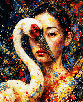 Woman and Crane – Splash Paint Portrait Fusion