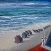 Strandszene mit Strandkabinen am Strand von De Panne - Öl auf Leinwand von Galerie Ringoot