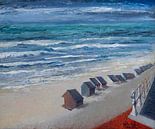 Strandtafereel met strandcabines op het strand van De Panne - Olieverf op doek van Galerie Ringoot thumbnail
