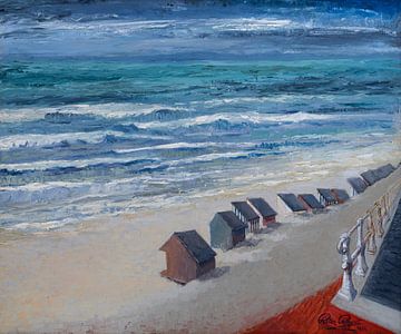 Strandtafereel met strandcabines op het strand van De Panne - Olieverf op doek van Galerie Ringoot