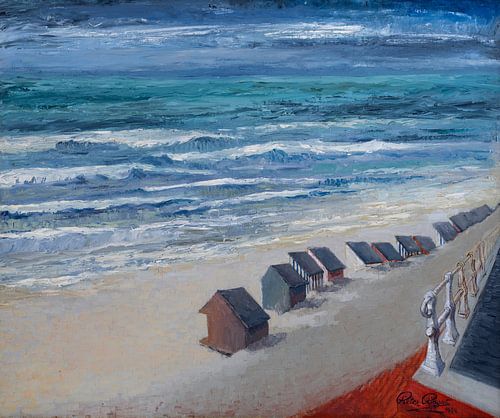 Beach scene with beach cabins on the beach of De Panne - Oil on canvas