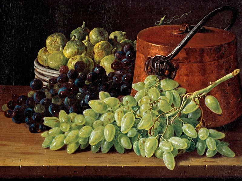 Stilleven met druiven, vijgen en een koperen ketel, Luis Eugenio Meléndez van Meesterlijcke Meesters