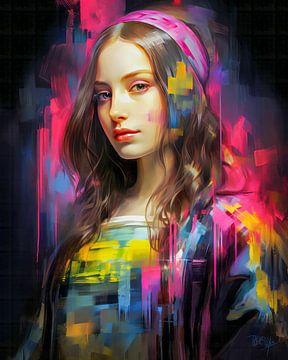 Portret moderne Mona Lisa pop of colour II van René van den Berg