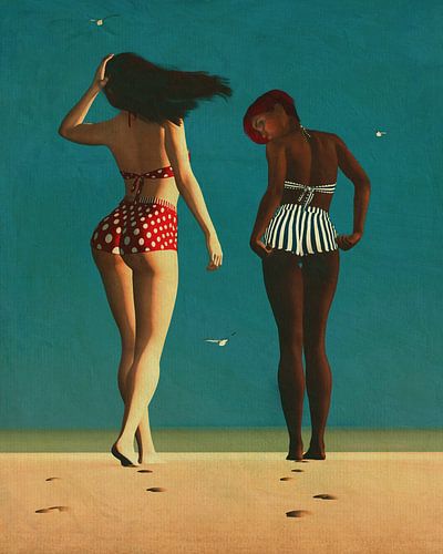 Meisjes op het strand een kunstschilderij