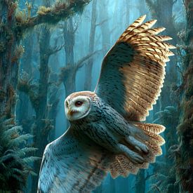 Vliegende uil in het blauwe bos van Erika Kaisersot