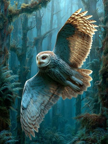 Vliegende uil in het blauwe bos