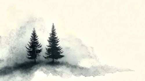 Twee pijnbomen in de mist