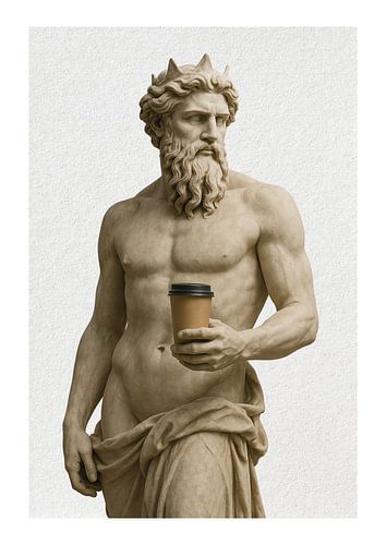 Tides & Lattes – Poseidon mit Coffee-to-go | Digitales Poster in Beige & Creme | Moderne Mythologie trifft Alltagsritual