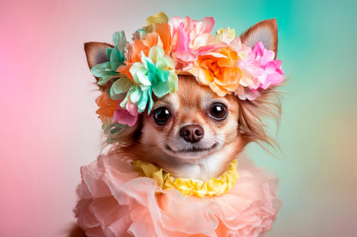Chihuahua met bloemenkrans en frilly jurkje