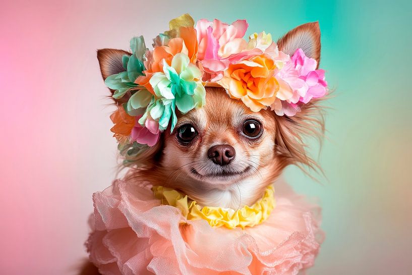 Chihuahua with flower wreath and frilly dress by Poster Art Shop