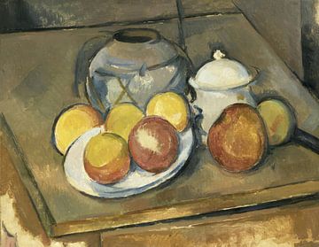 Strohbesetzte Vase, Zuckerdose und Äpfel, Paul Cézanne