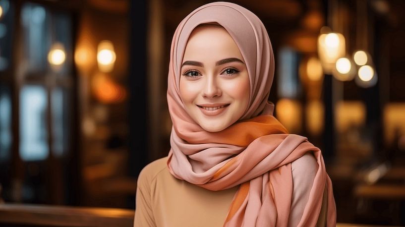 Porträt einer lächelnden muslimischen Frau mit buntem Kopftuch von Animaflora PicsStock
