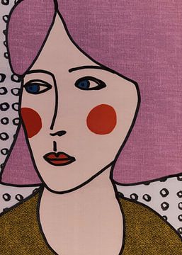 Retro meisje. Abstract vrouwenportret in roze, oker, kobaltblauw en rood. van Dina Dankers