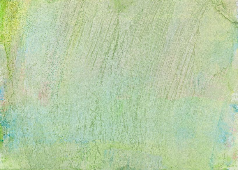Aquarelle abstraite à plat en vert, bleu jaune et rose avec des rayures et des lignes par Heike Rau