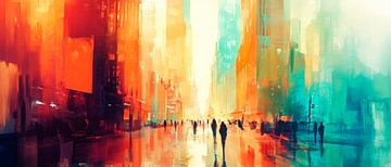 Colourful city scene at dusk by Poster Art Shop
