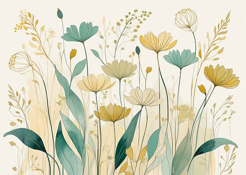 Elegante illustratie van botanische bloemen in pastelkleuren met minimalistische bladeren van hisam colours