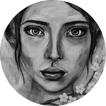 Abstract portret vrouw met kersenbloesem in zwart wit van Bianca ter Riet