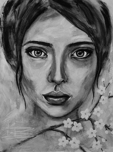 Abstract portrait woman with cherry blossom in black and white