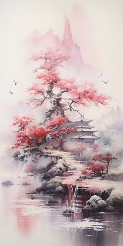 Très beau paysage avec de l'eau et des montagnes dans le style asiatique