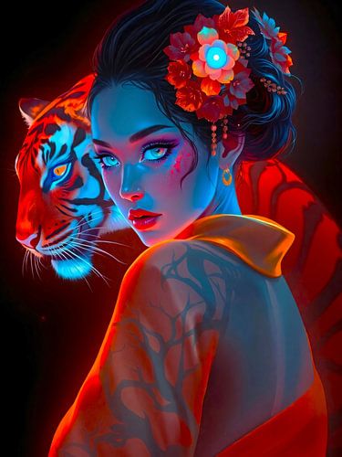 Geisha en tijger - neonillustratie