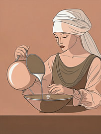 Tijdloze illustratie, van het Melkmeisje van Johannes Vermeer, in warme aardetinten