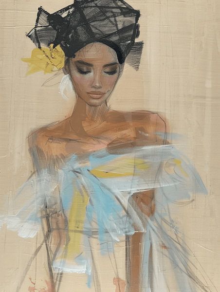 Portrait in yellow, black and turquoise, illustration by Carla Van Iersel
