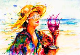 Portrait of a cheerful colourful woman. Hand-painted watercolour. by Ineke de Rijk