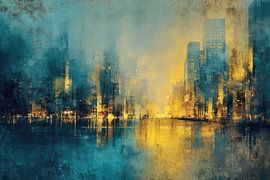Abstract Cityscape in Blue and Gold