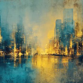 Abstract Cityscape in Blue and Gold by BowiScapes - Fine Art and Urban Wall Art