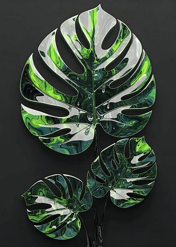 Neon Monstera Wall Art – Futuristic Botanical Poster – Green Aesthetic Decor