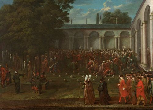 Cornelis Calkoen op weg naar de audiëntie bij sultan Ahmed III, Jean Baptiste Vanmour, ca. 1727 - ca