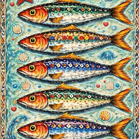 bunte Sardinen vor maritimen Hintergrund von Claudia Gründler