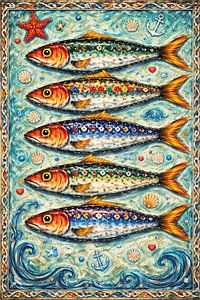 bunte Sardinen vor maritimen Hintergrund
