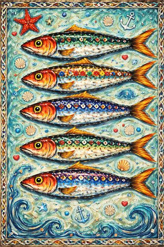 kleurrijke sardines tegen een maritieme achtergrond