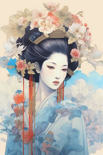 Geisha met bloemenkroon van Peter Balan
