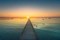 Lake Garda, jetty and swans at sunset. Lazise, Italy