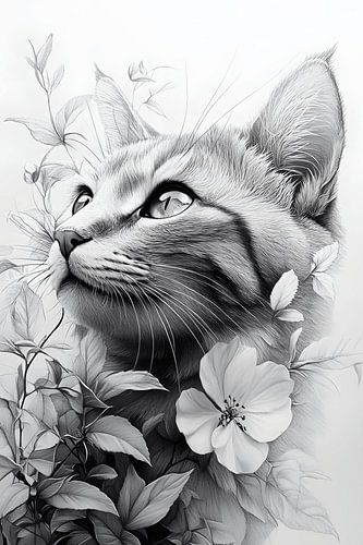 Portrait de chat avec des fleurs