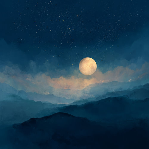 Full Moon over the Blue Mountains beneath a starry sky